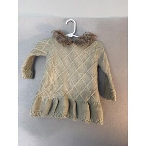 Tahari Baby Sweater Dress Girls 6-9M Green Faux Fur Collar Ruffle Hem Knit